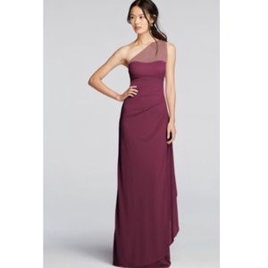 David’s Bridal Wine One Shoulder Mesh Dress